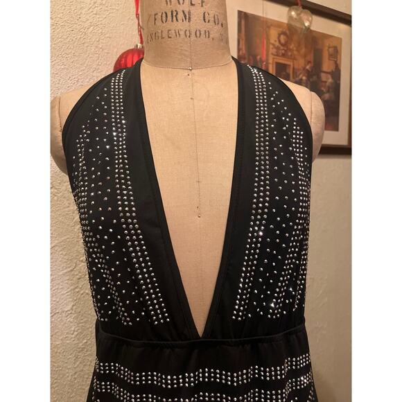Black Halter Top Deep V-Neck Open Back Sheer Rhinestone Long Dress Size XXXL - Picture 5 of 13